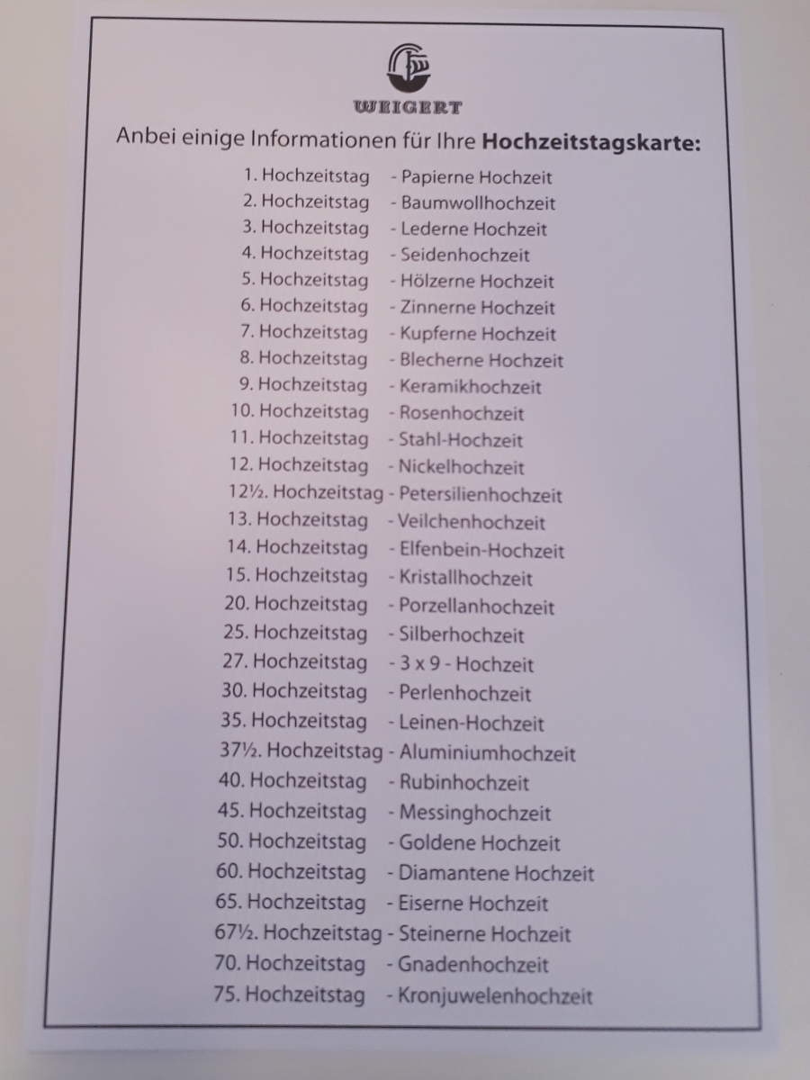 Billet Hochzeitstag